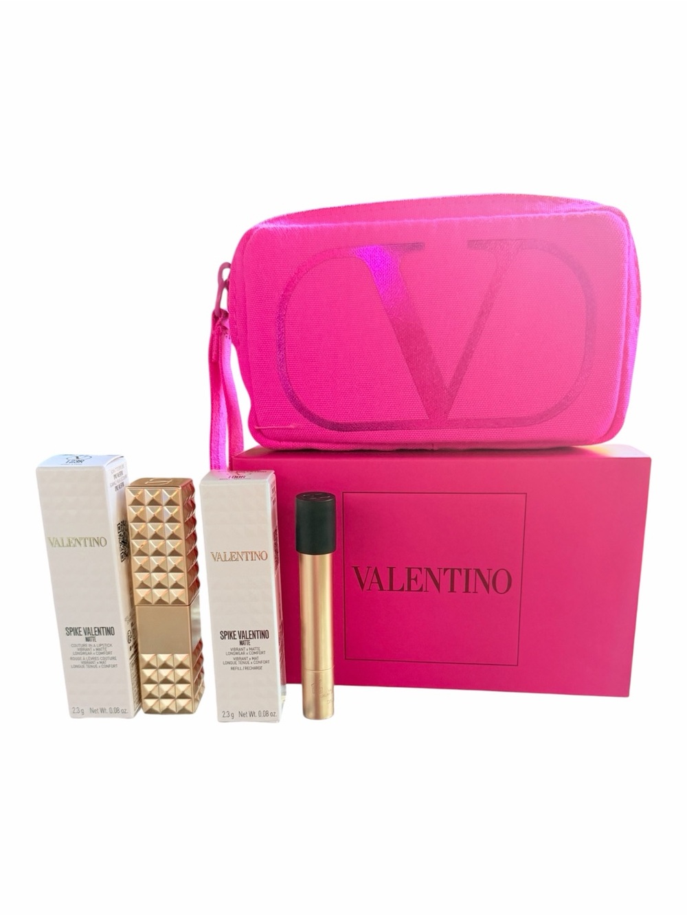 Valentino Spike Matte Lipstick 123R 100R Refill Pink VLogo Pouch Gift Set NIB